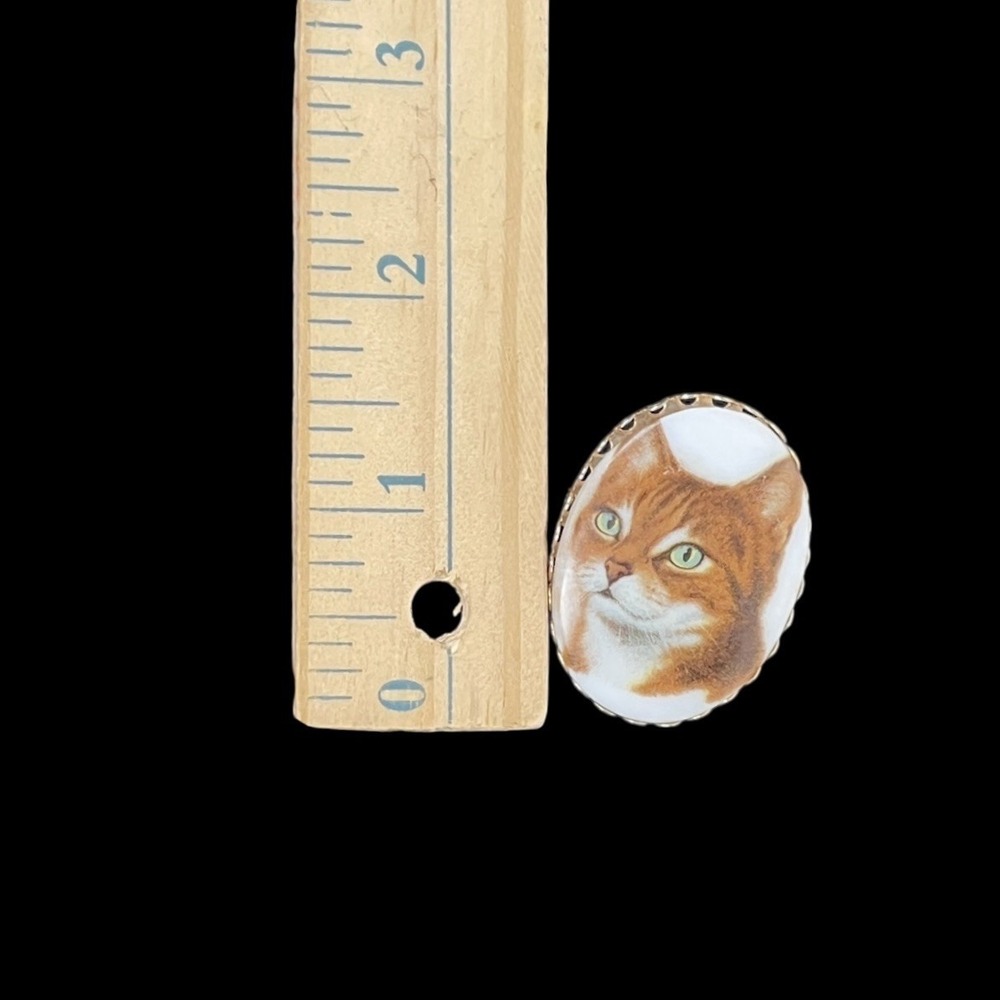 Vintage Orange Tabby Cat Porcelain Brooch Pin Gold Filigree Oval Figural 1.5" - Picture 6 of 6